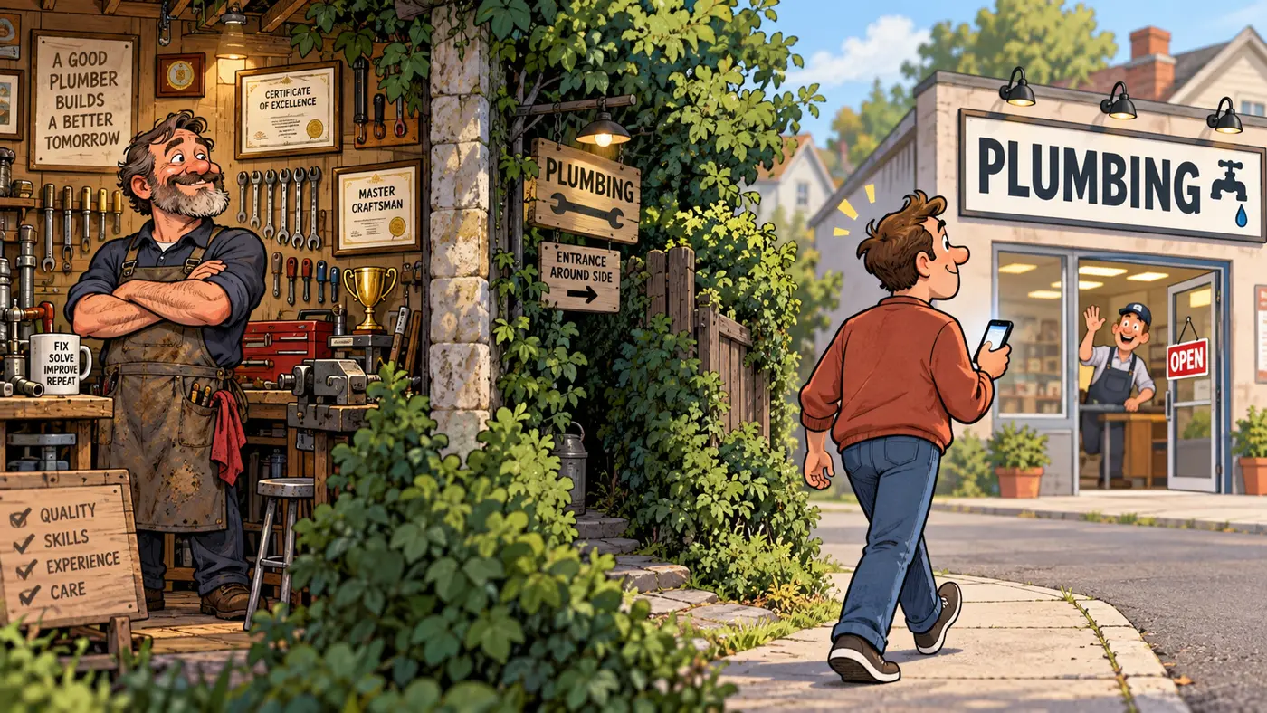 Cartoon of a proud plumber standing in a workshop full of tools, certificates and a trophy, its entrance buried behind overgrown bushes, while a homeowner with a phone walks past toward a competitor's plainly signed shop where another plumber waves from the open door