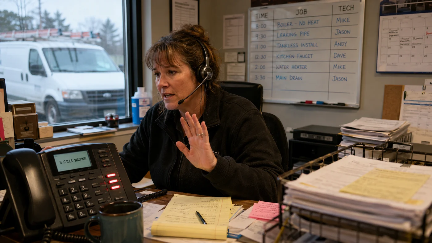 A receptionist at a plumbing contractor's front desk on a headset call, one hand raised, with three lines lit on the desk phone and its screen reading '3 calls waiting'