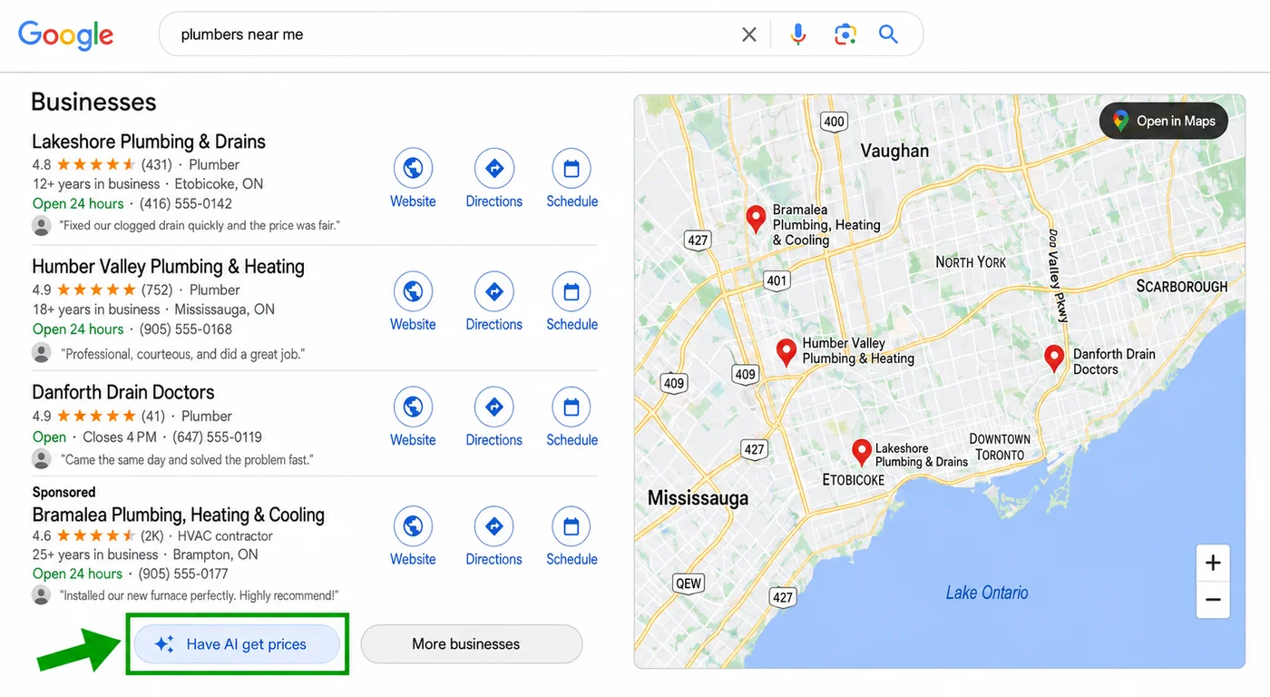 Illustration of a Google search for plumbers near me in the Greater Toronto Area, with the 'Have AI get prices' button highlighted below the local results