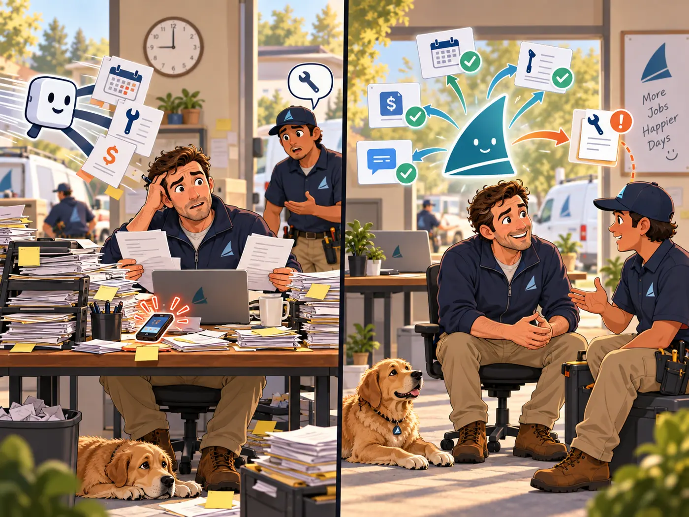 Two-panel cartoon of the HVAC owner: on the left, a boxy generic assistant rushes quotes, schedules and invoices onto his overflowing desk while his phone buzzes and a technician waits with a question; on the right, a teal sail-shaped assistant sends each task off to completion with a checkmark and sets one flagged exception aside, while the owner sits back and talks with the technician