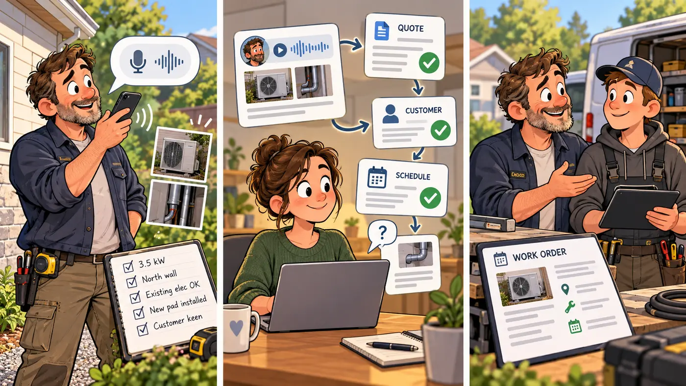 Three cartoon panels: an HVAC owner beside a heat-pump unit records a voice note with photos and a scope checklist; the note becomes quote, customer and schedule cards, each checked off, with one question mark flagging a missing detail; the owner then walks a new technician through a ready work order beside a service van